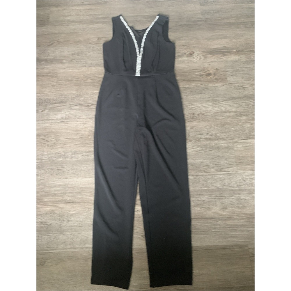 Alexa B Nites Black Sleeveless Jumpsuit Jeweled V Neck Mesh Size 10